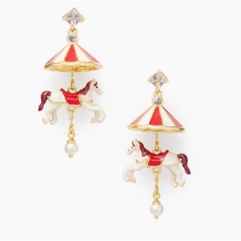 NWOT kate spade Carousel Horse Drop Earrings in Red, Cream & Gold